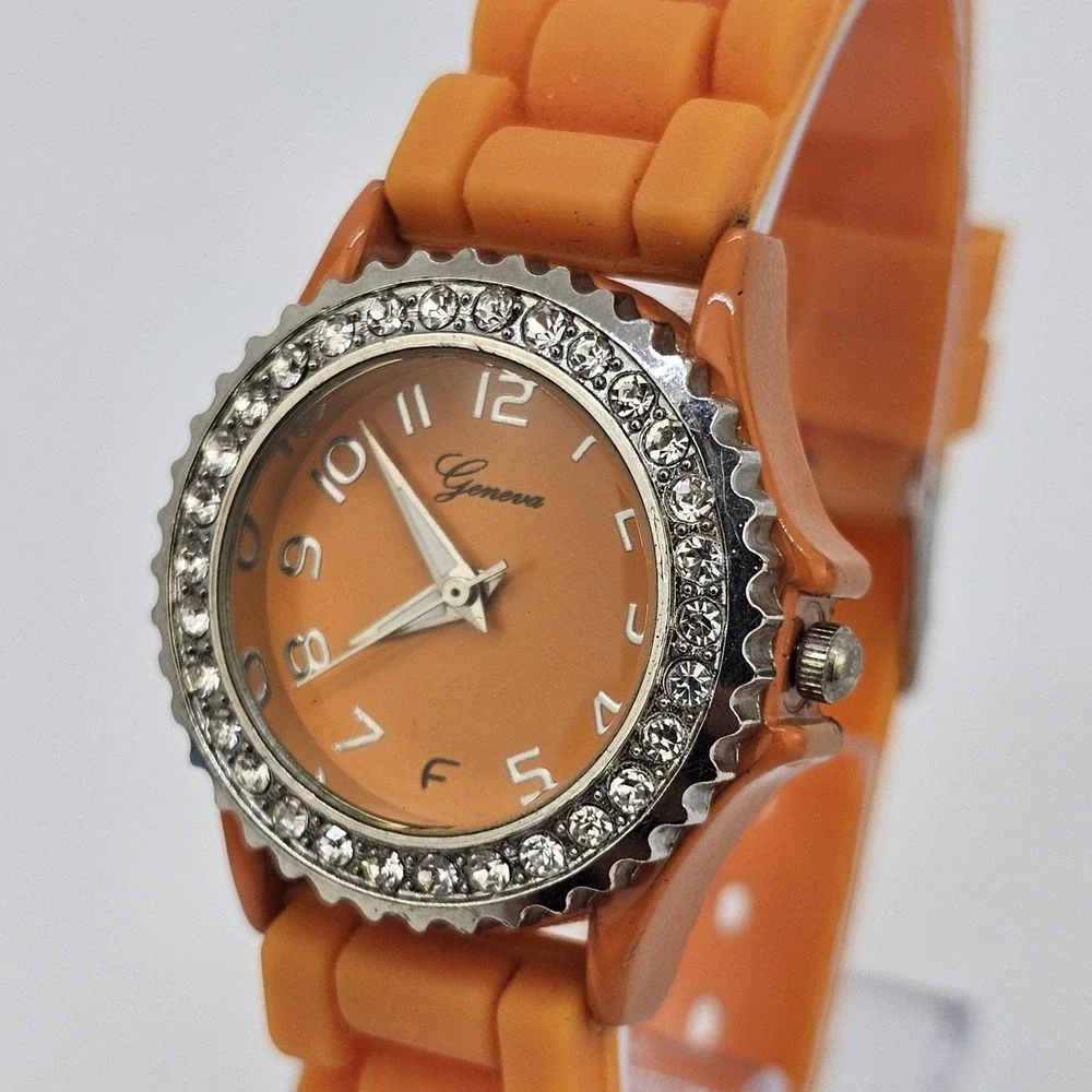 30MM Watch Women Orange Dial Crystal Bezel‎ Orange Plastic Bands New Battery